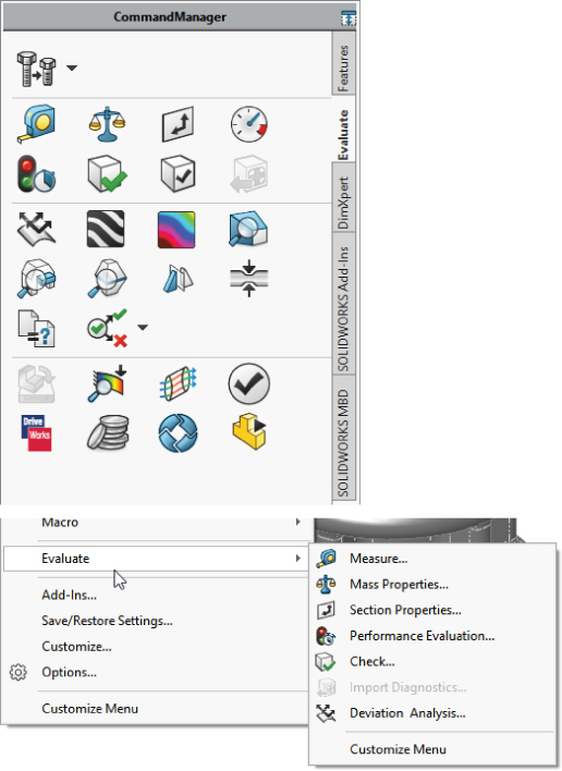 CommandManager dialog box with the Evaluate tab displaying evaluation tools with an arrow over the highlighted Evaluate option revealing the flyout menu.