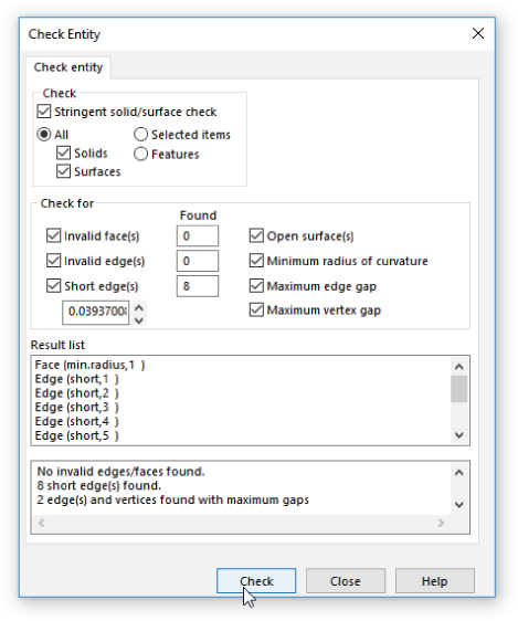 Check Entity dialog box displaying selected checkbox labeled Stringent solid/surface check, solids, etc., and radio button labeled All with list box near the bottom of the box for Result list.