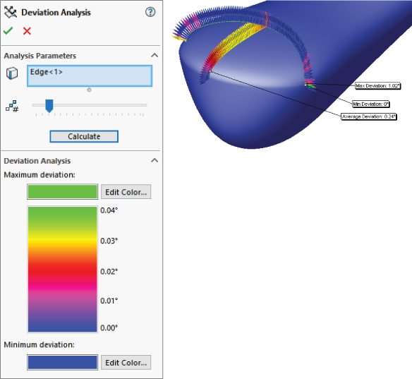 Deviation Analysis dialog box displaying text box labeled Edge <1> for Analysis Parameter, adjust button with command buttons labeled Calculate, scale bar for deviation analysis, with a rounded 3D structure on the right.