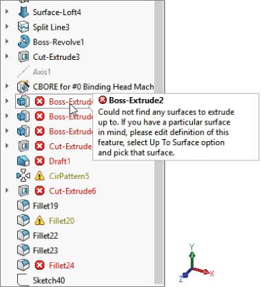 A portion of a feature tree with arrow on Boss–Extrude… revealing an error message on the tool–tip balloon labeled Boss–Extrude2.
