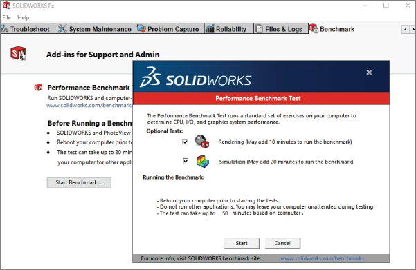 SOLIDWORKS Interface with highlighted Benchmark tab displaying a pop up box labeled Performance Benchmark Test with selected checkboxes and 2 command buttons labeled Start and Cancel at the bottom.