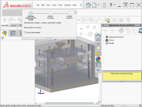SOLIDWORKS window displaying the toolbars on top with a 3D sketch on the display pane in the middle; Appearance, Scenes, and Decals pane on the right; and a pop up dialog box having 3 linked circles labeled dot (•), 2, and 3.