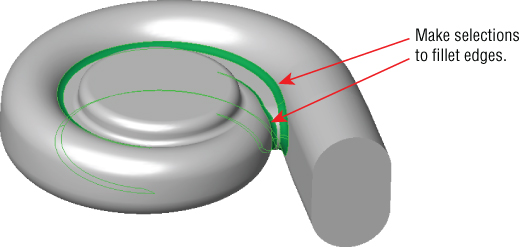 A 3D spiral shell with edges pointed by arrows labeled Make selections to fillet edges.