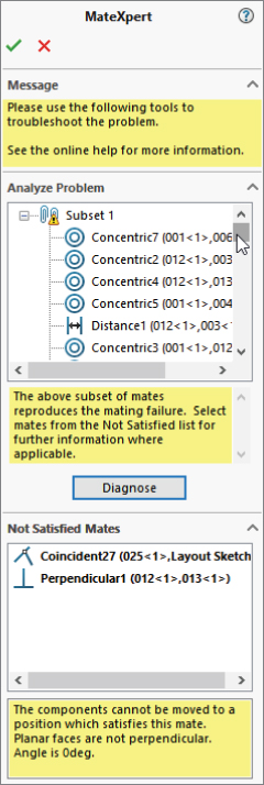 MateXpert interface displaying panels labeled Message, Analyze Problem, and Not Satisfied Mates. Analyze Problem have icons under Subset1 with a button at the bottom labeled Diagnose.