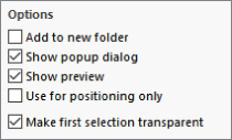 Options pane of the Mate PropertyManager displaying checkboxes labeled Add to new folder, Show popup dialog (marked), Show preview (marked), Use of positioning only, and Make first selection transparent (marked).