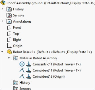 Snipped image displaying a menu with properties such as Robot Assembly ground, History, Sensors, Annotations, Front, Top, Right, Origin, Mates in Robot Assembly, Concentric 11, Coincident 12, etc.