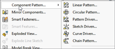 Component patterns in SolidWorks with a right–facing arrow displaying context menu labeled Linear Pattern…, Circular Pattern…, Pattern Driven…, Sketch Driven…, Curve Driven…, and Chain Pattern….