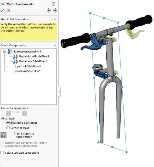 Mirror Components tool with Orient Components consisting BrakeLeverAssembly–1, UpperLinkBibleBike–1, and LowerLinkBibleBike–1 with a marked radio button labeled Bounding box center for Mirror type.