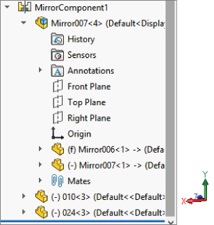 FeatureManager of SolidWorks displaying drop–down arrows labeled MirrorComponent1, down to Mirror007<4> (Default…, to Metadata folders, Reference Geometry, (f) Mirror006<1>…, (–) Mirror007…, etc.