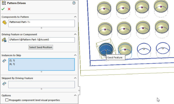 Pattern Driven interface with Components to Pattern box labeled Pattern Part <1>, Driving Feature or Component box labeled LPattern1@Pattern Part–1@Assem5, etc. (left) with an assembly indicating Seed Future (right).