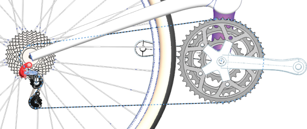 SolidWorks displaying a drawing of a bicycle bearing with dashed lines indicating chain line.