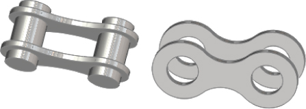 SolidWorks displaying a drawing of a one piece chain (left) and two pieces of parallel outer plate (right).