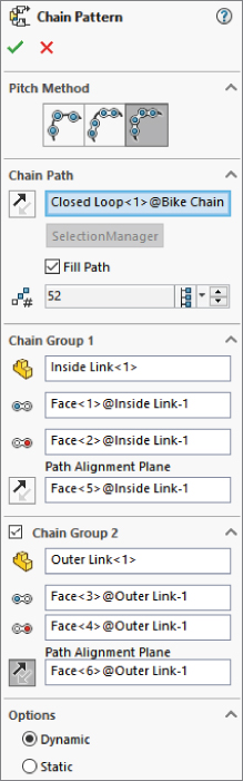 Chain Pattern PropertyManager interface with panels labeled Pitch Method, Chain Path, Chain Group 1, Chain Group 2, and Options with marked radio button labeled Dynamic.