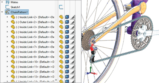 Chain Pattern feature in the assembly FeatureManager tree with drop–down list arrow labeled ChainPattern1 consisting (–) Inside Link…, (–) Outer Link<2…, etc. (left) with a chain at the bicycle bearing (right).