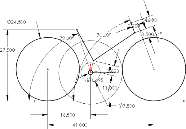 Bicycle layout sketch depicted by 3 circles with dimension arrows labeled 41.000 (wheelbase), 24.500 (diameter of wheels), 7.500 (diameter of chain ring), etc. and angles labeled 70.00°, 72.00°, etc.