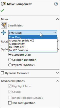 Move Component tool with positioning drop–down list bar displaying options labeled Free Drag (selected), Along Assembly XYZ, Along Entity, By Delta XYZ, and To XYZ Position under Move panel.