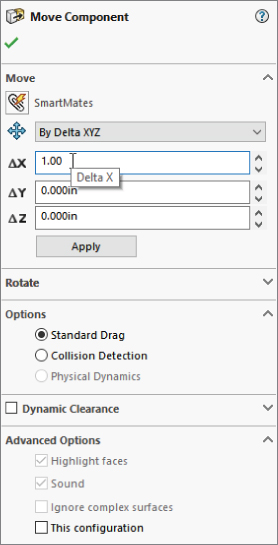 Move Component tool with positioning drop–down list bar labeled By Delta XYZ, ΔX option bar labeled 1.00, ΔY option bar labeled 0.000in, and ΔZ option bar labeled 0.000in having a button labeled Apply.