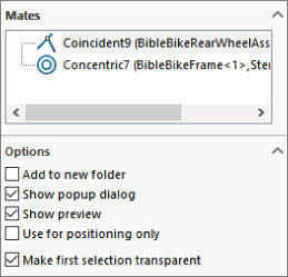 Mates toolbar consisting of Coincident9(BibleBikeRearWheel… and Concentric7 (BibleBikeFrame<1>…, with an Options panel having marked checkboxes labeled Show popup dialog, Show preview, etc.