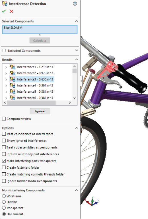 PropertyManager of Interference Detection displaying a Selected Components box labeled Bike.SLDASM with results at the bottom having a highlighted Interference3–0.635in^3, etc. (left) and a bike assembly (right).