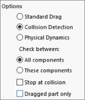 Options panel displaying radio buttons labeled Standard Drag, Collision Detection (marked), and Physical Dynamics and under Check between labeled All components (marked), These components, etc.