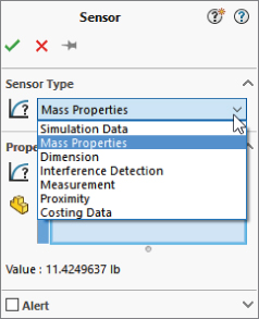 Sensor toolbar with Sensor Type drop–down list expanded displaying options labeled Simulation Data, Mass Properties (selected), Dimension, Interference Detection, Measurement, Proximity, and Costing data.