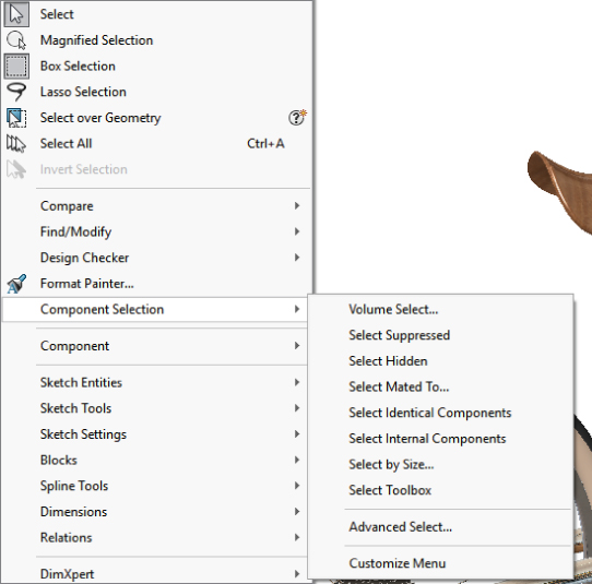 Component Selection displaying SolidWorks Tools menu with options labeled Volume Select…, Select Suppressed, Select Hidden, Select Mated To…, Select Identical Components, Select by Size…, etc.