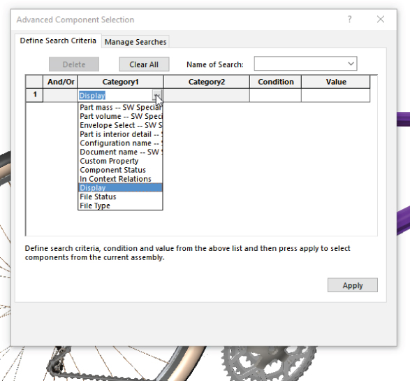 Advanced Component Selection dialog box with a selected Define Search Criteria tab consisting a table with Category1 column having a drop–down list expanded displaying options labeled Display (selected), File Type, etc.