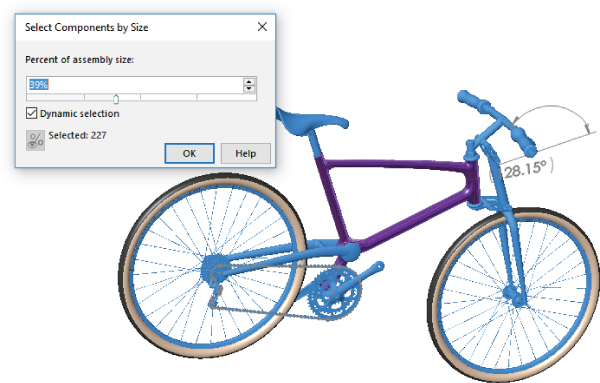 Select Components by Size dialog box with Percent of assembly size option bar labeled 39% and a marked checkbox labeled Dynamic selection (left) having a bicycle assembly with 28.15° indicated (right).