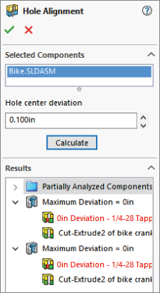Hole Alignment PropertyManager with Selected Components box labeled Bike.SLDASM, Hole center deviation option bar labeled 0.100in having a button labeled Calculate, and Results panel.