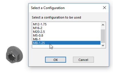 Configuration selection window with options labeled M12–1.75, M16–2, M20–2.5, M5–0.8, M6–1, M8–1.25 (selected) having OK and Cancel buttons at the bottom (right) and a 3D assembly displaying nut and washer (left).