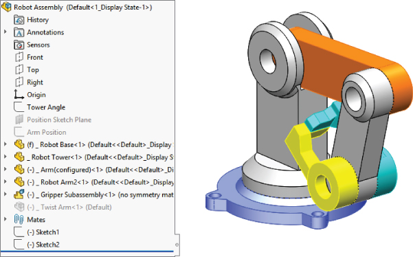 Display pane of Robot Assembly (Default<1_Display State–1>) (left) and 3D structure of the assembly with parts in different display states (right).
