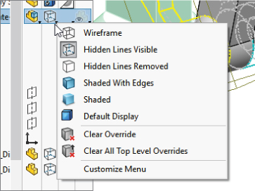 LMB menu from a component of a subassembly with overrides displaying 9 options, including Wireframe, Hidden Lines Visible (highlighted), Hidden Lines Removed, Shaded With Edges, Shaded, and Default Display.