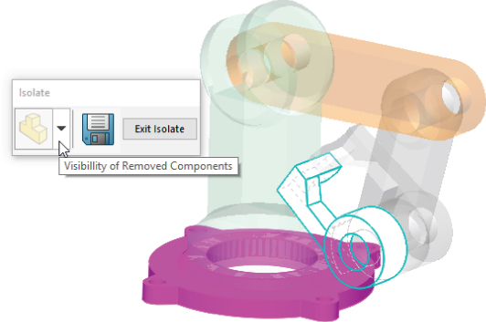 Isolate function area with mouse pointer on the button with description “Visibility of Removed Component” and Exit Isolate button (left) and the robot assembly with blurry portion (right).