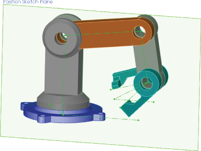 3D structure of the robot arm, in sketch plane position, with sketches near the gripper and the base. 