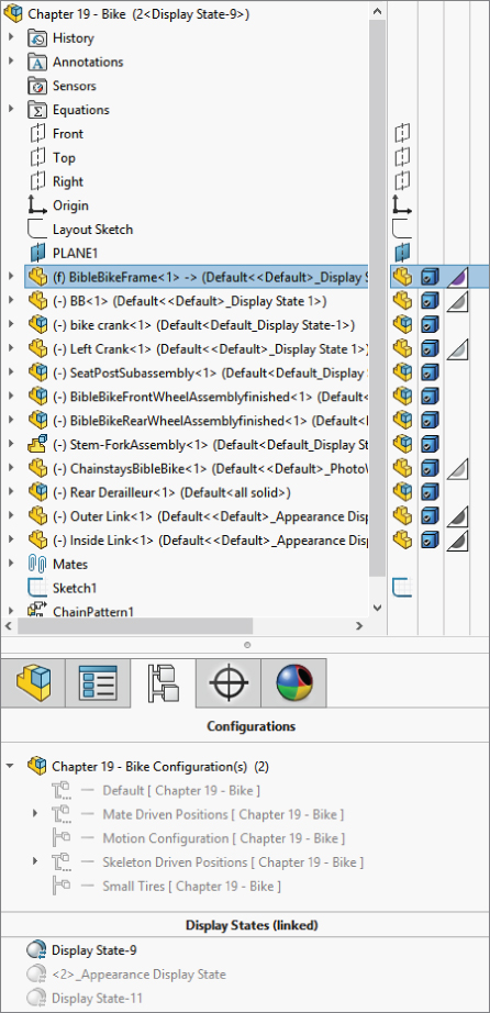 FeatureManager with highlighted (f) BibleBikeFrame<1> – > (Default<<Default>_Display… option at the top and the ConfigurationManager with Display states (linked) at the bottom.