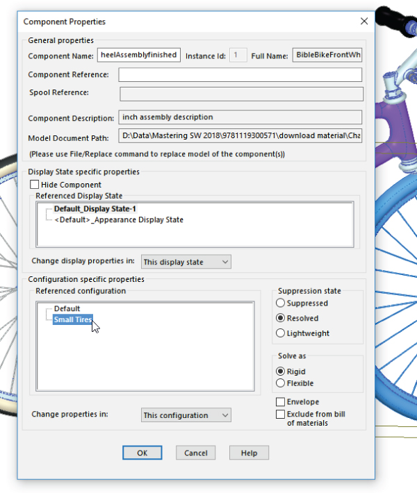 Component Properties dialog box displaying a mouse pointer on the Small Tires configuration for the Front Wheel assembly and OK, Cancel, and Help buttons at the bottom.