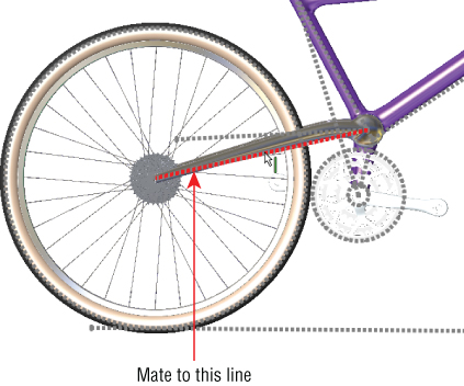Illustration of the positioning the rear of the bike with sketch lines and arrow (mate to this line) pointing to the seat stays.