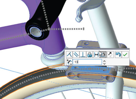 Illustration of the bike assembly and a series of tools for creating angle mate between the bike assembly top plane and the face of the link.