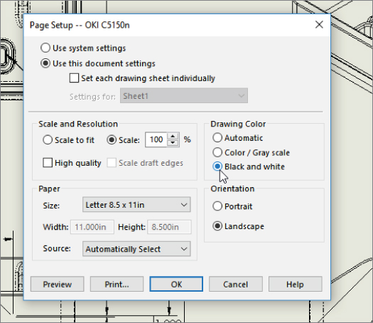 Page Setup dialog box with selected option buttons for use this document settings, scale, black and white, and landscape. Size and source drop–down lists labeled letter 8.5 x 11in and automatically select, respectively.