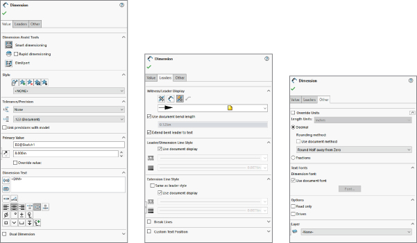 Dimension PropertyManager interfaces with selected value tab, leaders tab, and other tab (left–right).
