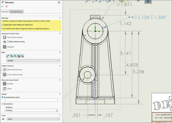 Dimension dialog box with DimXpert tab selected, with a schematic of 2 pulley–like structures on the right with arrows labeled 1.811, 1.142, 3.141, 4.803, 5.236, 1.124 and 1.339, .551, and .157 depicting its diameters.