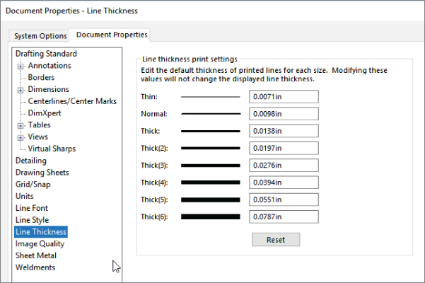 Document Properties dialog box with selected line thickness navigation option displaying text boxes for thin (0.007in), normal (0.0098in), thick (0.0138in), thick(2) (0.0197in), etc. Below is a reset button.