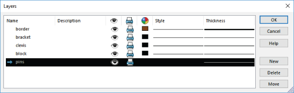 Layers dialog box displaying columns for name, description, style, and thickness. Ok, cancel, help, new, delete, and move buttons are at the right. Ok button is selected.
