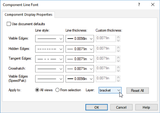 Component Line Font dialog box with selected all views option button and layer drop–down list labeled bracket. Ok button is selected.