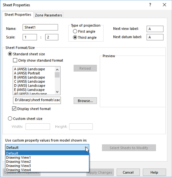 Sheet Properties dialog box with selected option buttons for third angle under type of projection, standard sheet size under sheet format/size, and expanded use custom property values from model shown in drop–down list.