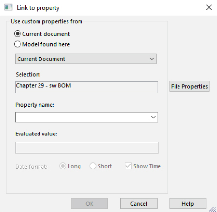 Link property dialog box with selected current document option button under use custom properties from, drop–down list labeled current document, selection text box labeled Chapter 29 – sw BOM.