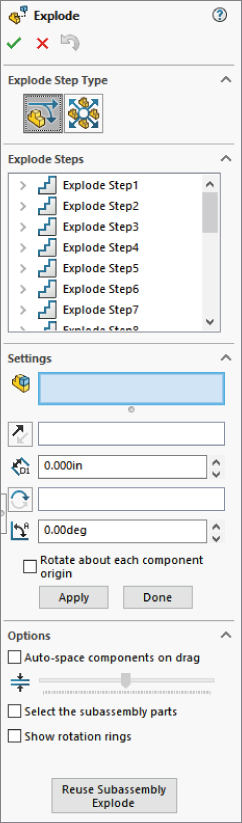 PropertyManager for the Explode command displaying panels for Explode Step Type, Explode Steps, Settings, and Options. Apply and Done buttons are found in the Settings panel.