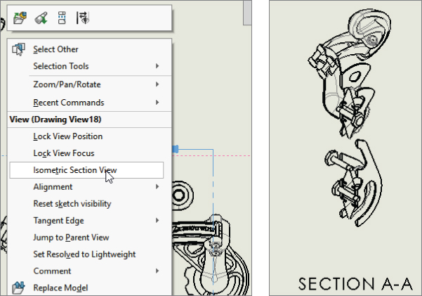 A right–click menu displaying Isometric Section View pointed by the cursor (left) and a panel displaying an isometric view of section A–A of the assembly (right).
