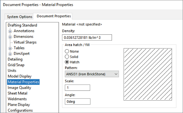 Document Properties – Material Properties dialog box with Document Properties tab being selected. In the Area hatch/fill section, Hatch option is selected and ANSI31 is selected in the Pattern drop–down list.