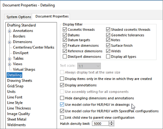 Document Properties – Detailing dialog box with selected Document Properties tab. Display filter section at the top right has selected check boxes for Cosmetic threads, Datums, Datum targets, Feature dimensions, etc.